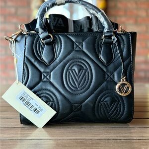 Valentino Orlandi Black Top Handle V Logo Quilted Tote Bag With Pendant NWT